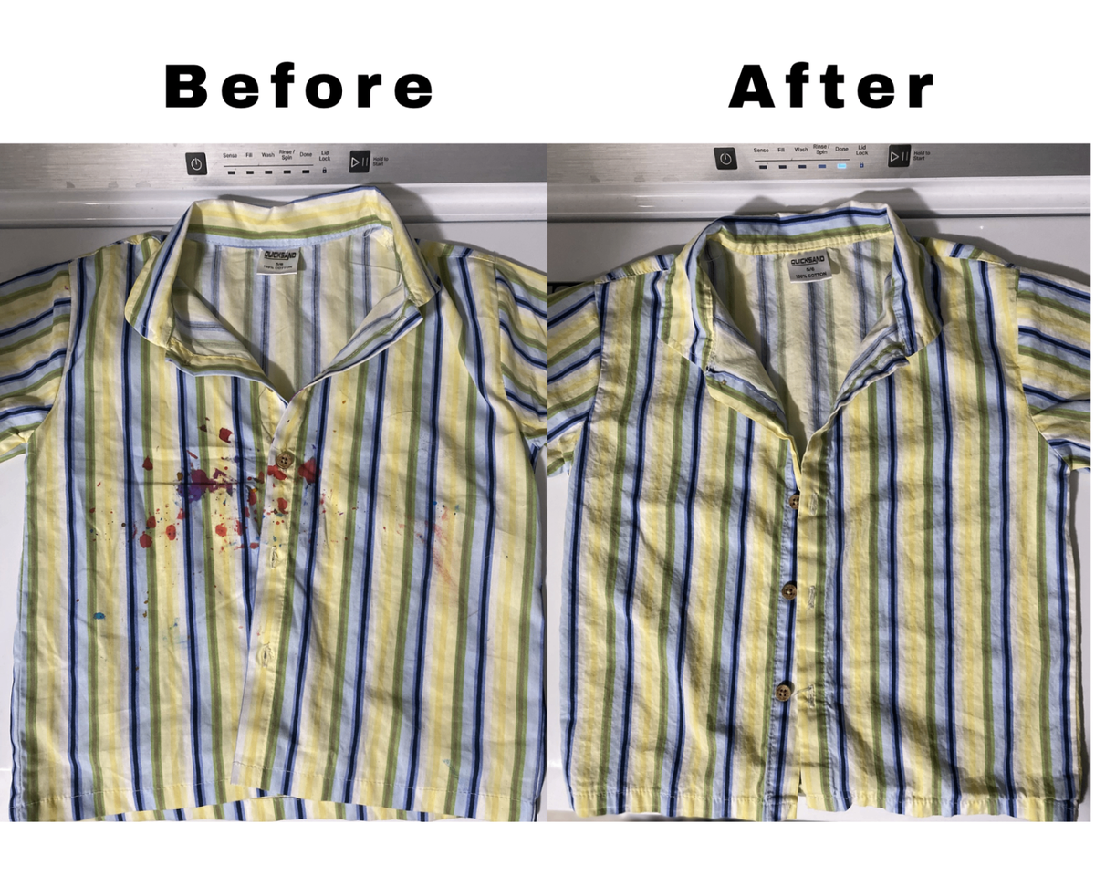 Before and after photo of a striped shirt — vibrant paint stains lifted completely after our wash